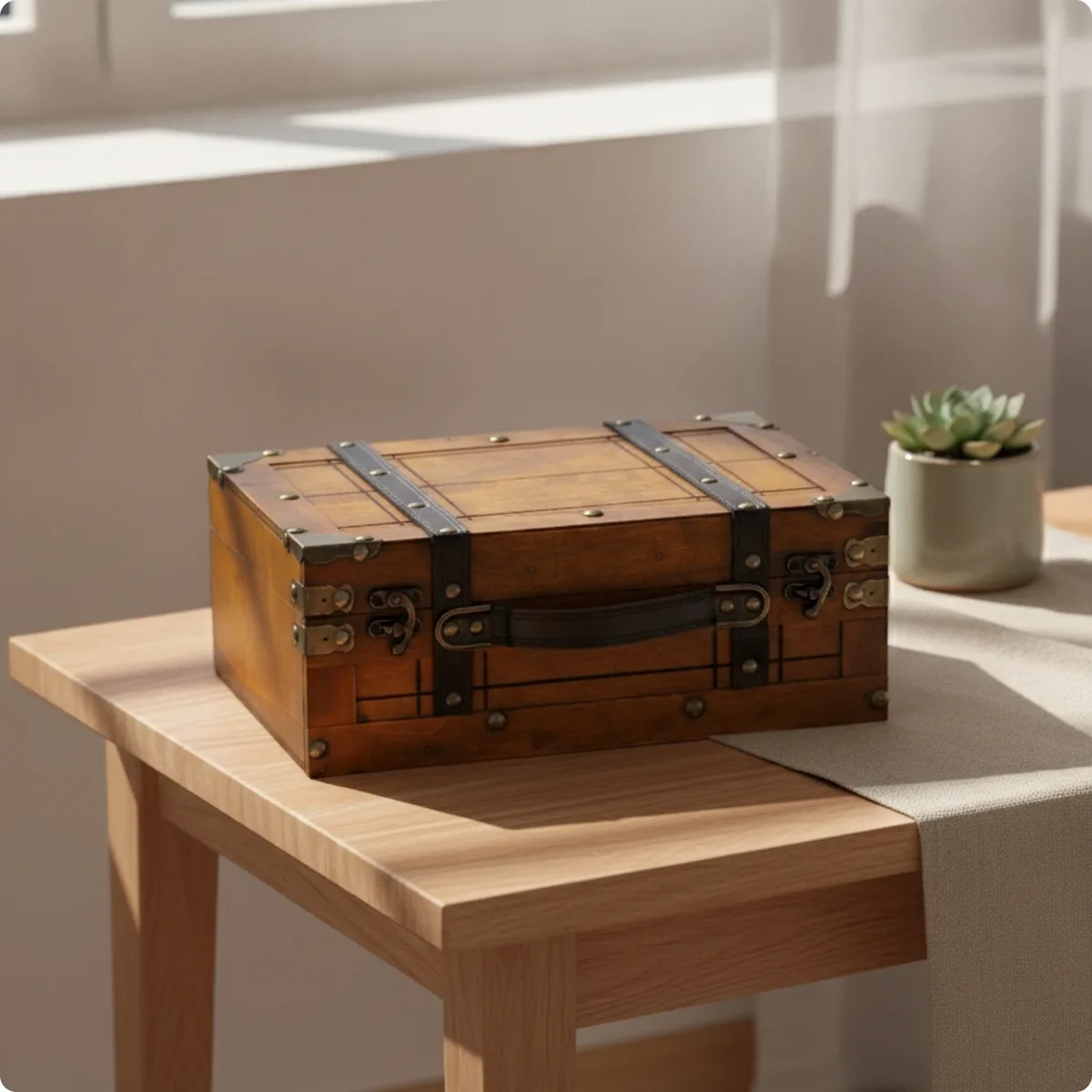 organisateur voyage bois brun foncé vintage couvercle charnières accessoires transport bureau photo décoration présentation thématique
