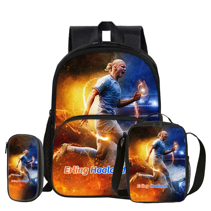 sac dos nylon bleu motifs football erling haaland grand bandoulière arquée sac déjeuner pochette enfant usage voyage
