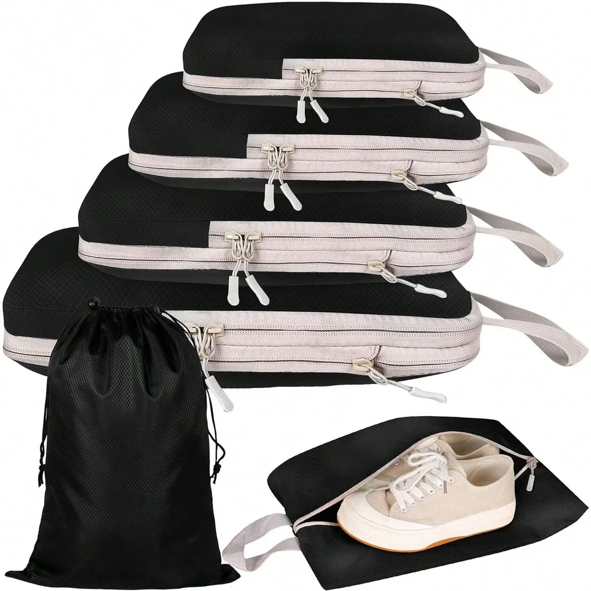 organisateur voyage polyester gris clair poignée noire fermeture glissière compressible sac chaussures rangement cube traçabilité usage polyvalent
