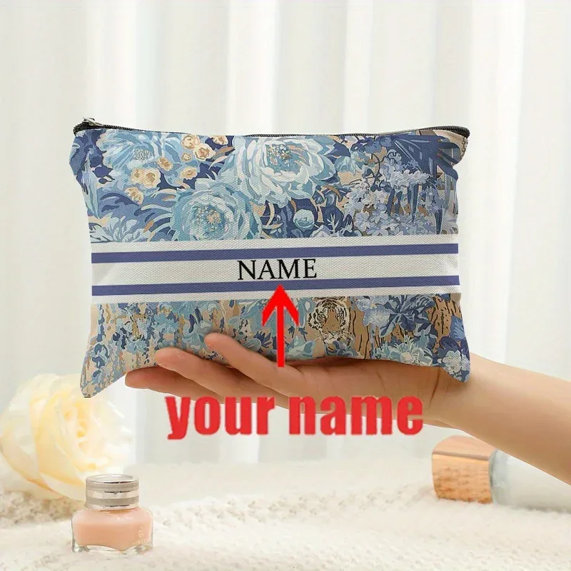 1 pièce trousse de maquillage personnalisée avec nom et motif floral imprimé, sac de rangement de voyage pour articles de toilette, organisateur de cadeaux de fête, pochette cosmétique
