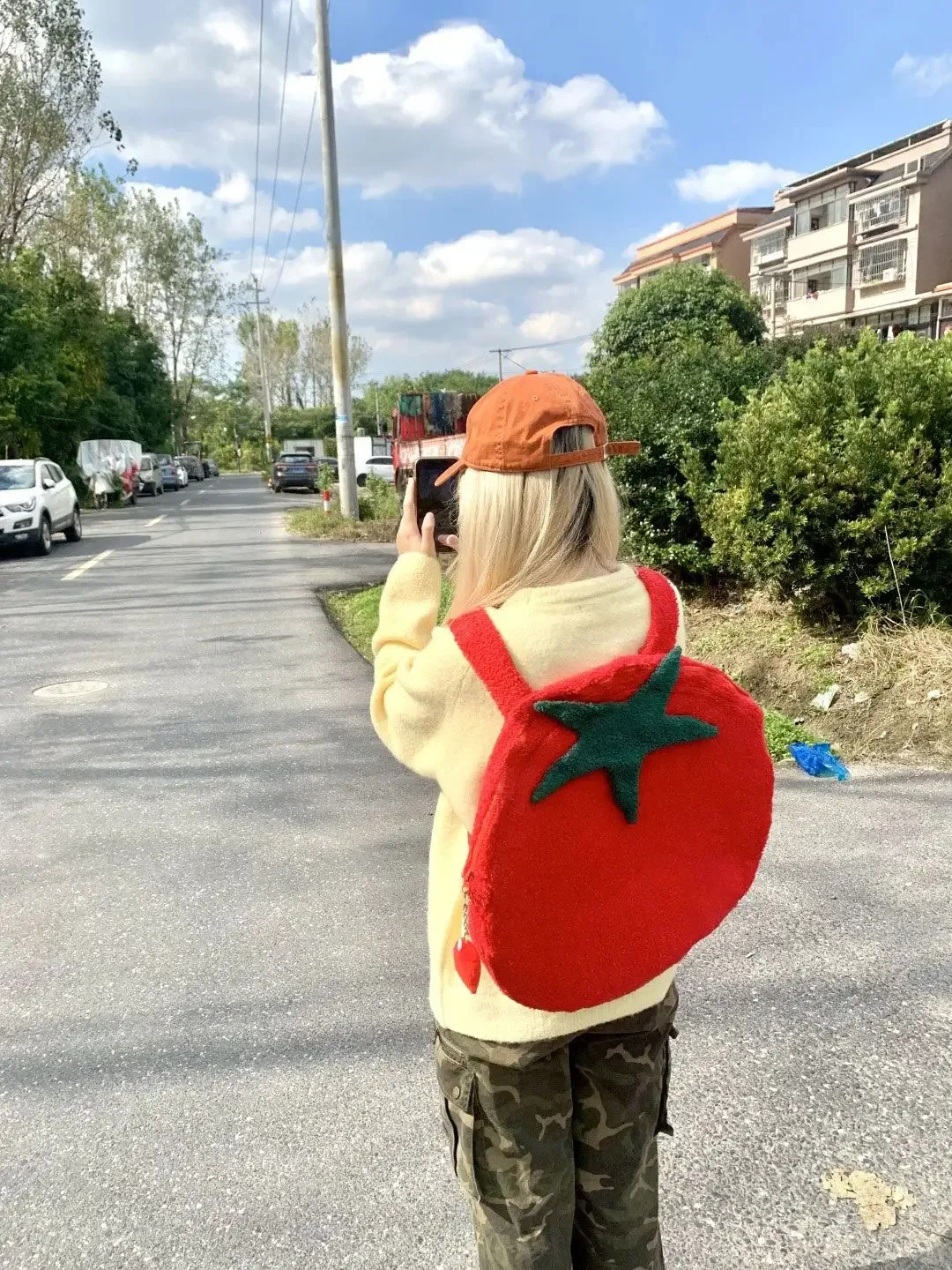 sac à dos en forme de tomate unisexe, sac à dos à fourrure haute capacité, style de rue coréen, doux et à la mode