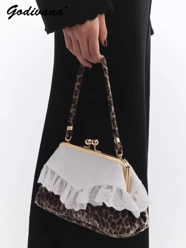 sac à main élégant de style japonais pour femmes, avec bordure en dentelle, fermoir d'épaule, sac sous le bras léopard, sacs fourre-tout