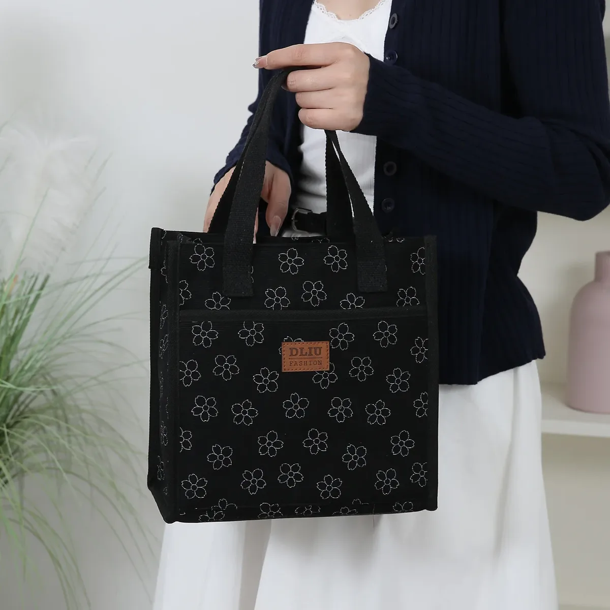dliu, nouveau style, matière en velours côtelé, sac fourre-tout, sac à lunch, sac de rangement pour boîte à lunch, doublé de feuille d'aluminium, polyvalent pour les trajets quotidiens