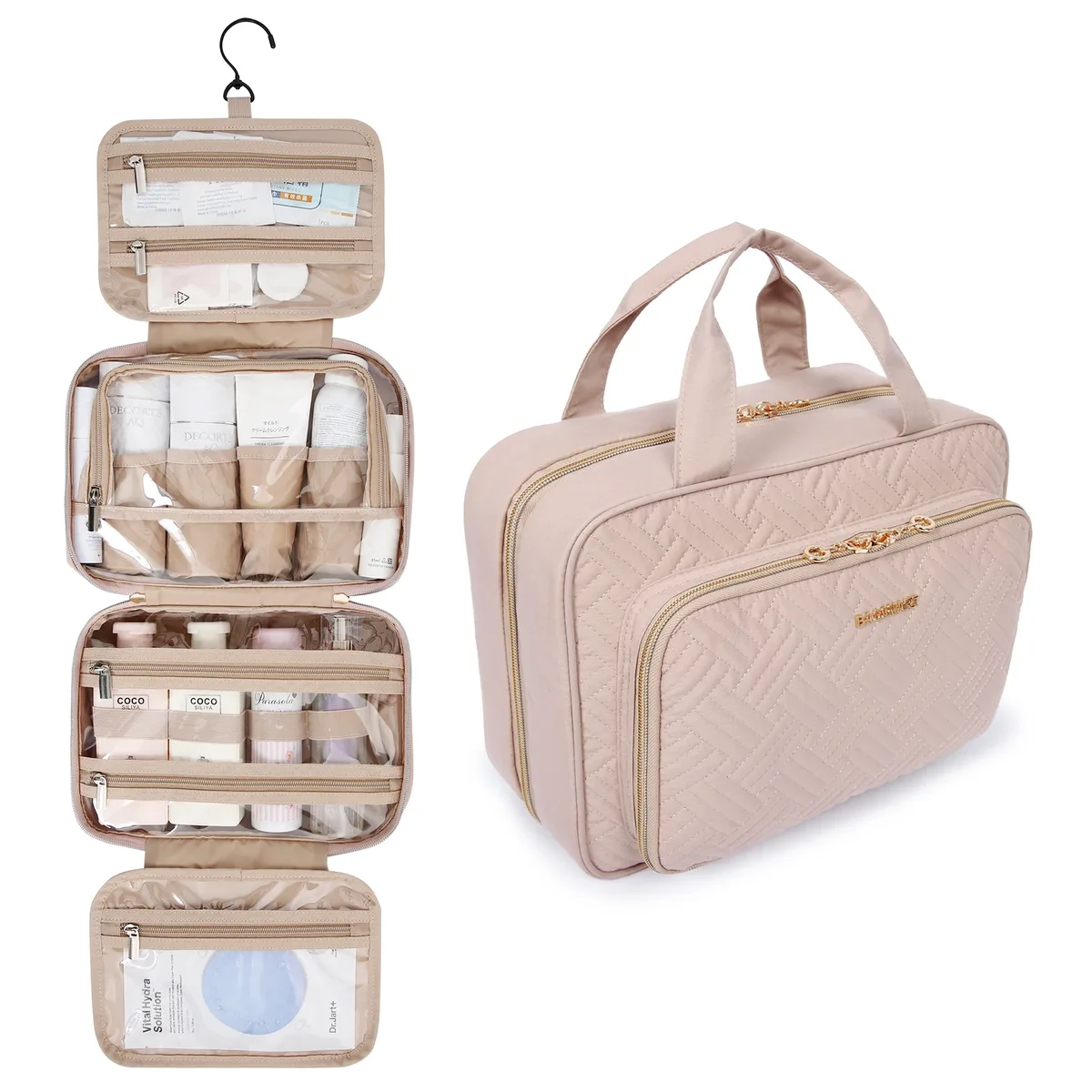 trousse toilette pvc noire accent doré compartiments organisation maquillage voyage boîte format rectangle motif géométrique relief frontal