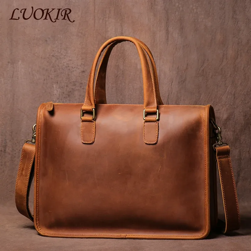 luokir sac à main en cuir véritable hommes vintage crazy horse peau de vache bureau ordinateur sac simplicité mallette d'affaires pour ordinateur portable 14 pouces