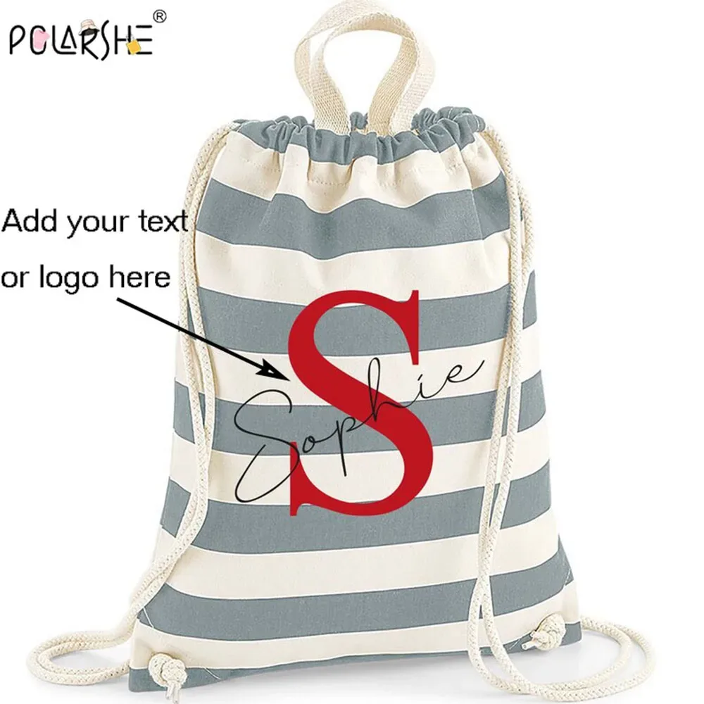 sac à dos à cordon de serrage rayé personnalisable, en toile de coton, avec texte personnalisé, sac pliable et portable pour voyage et école