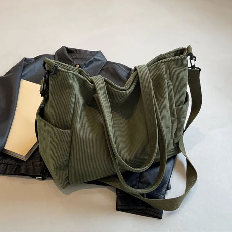 sac à main en velours côtelé pour femmes, fourre-tout décontracté, multi-poches, sangle réglable, sac à bandoulière, fermeture éclair initiée, automne, hiver