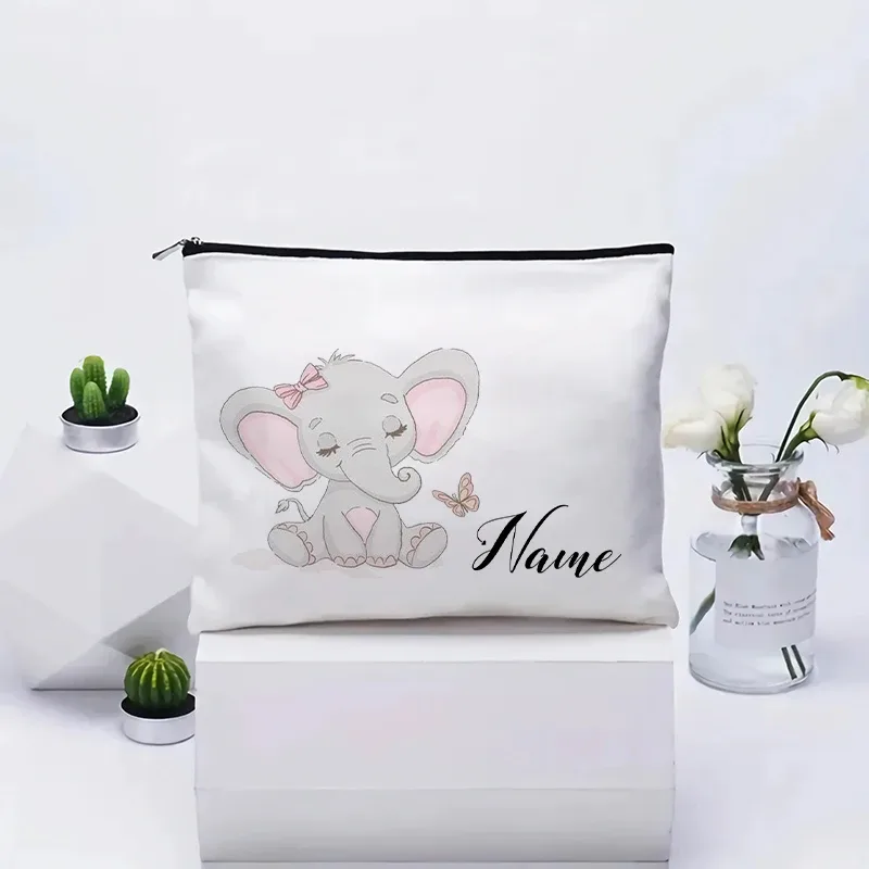 vente flash : grande trousse à maquillage en toile avec motif d'éléphant mignon, essentiels de voyage pour anniversaire d'enfants, trousse de maquillage avec nom personnalisé