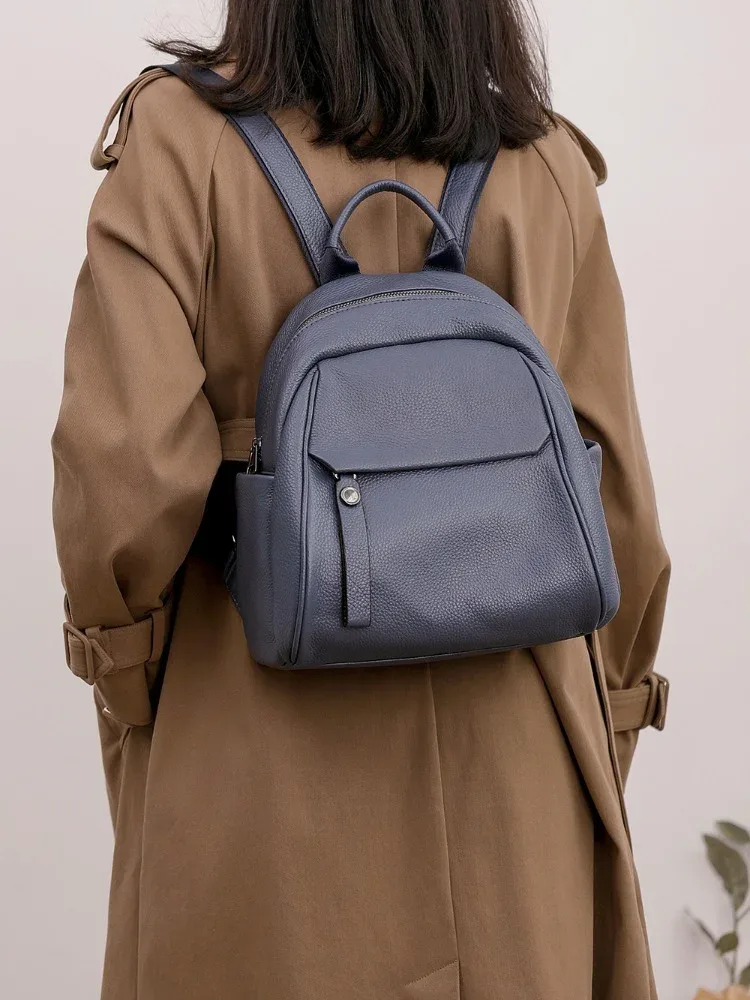 sac à dos portable en cuir véritable pour adolescente, sac à dos en peau de vache souple, sac à dos pour femme, bleu simple, 2 tailles, haute qualité, nouvelle mode