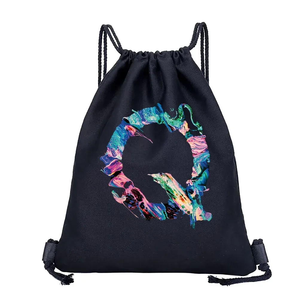 sac dos lin noir motif multicolore compact pliable cordon serrage poignées souple grande capacité sports plein air harajuku polyvalent