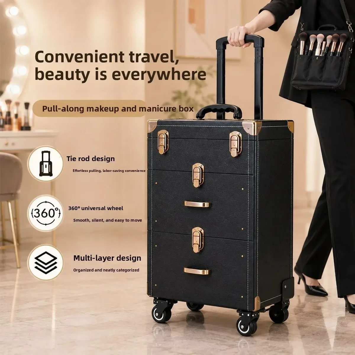 kit professionnel de tatouage et de nail art, valise de maquillage universelle à roulettes, boîte de rangement multi-couches grande capacité pour maquillage