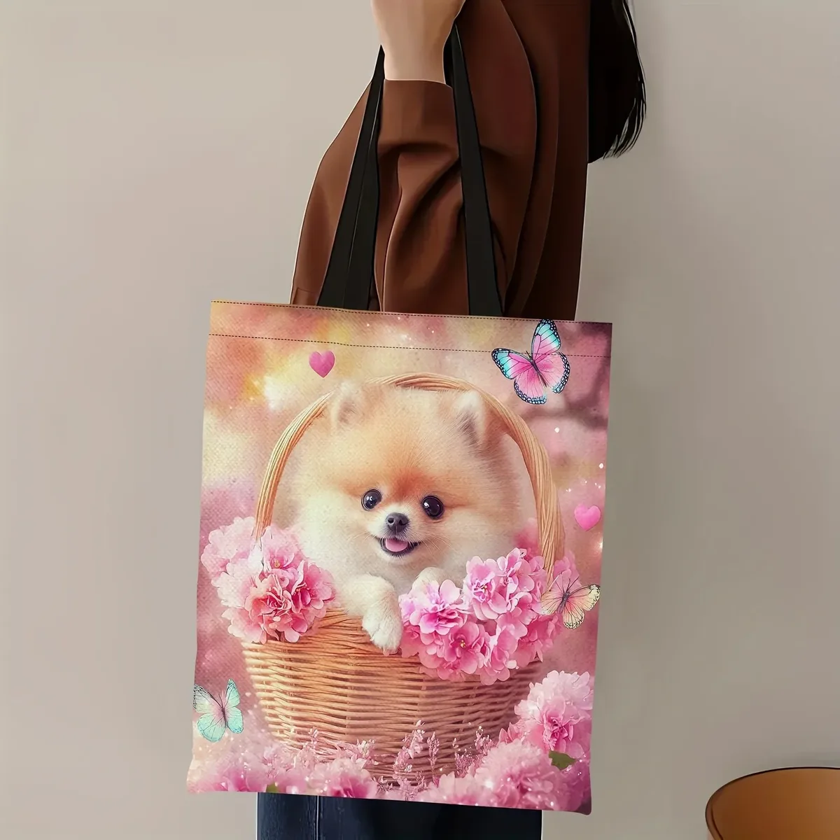 sac à main motif chien poméranien joyeux, imprimé panier de fleurs roses, sac fourre-tout en toile grande capacité, sac de shopping pratique.