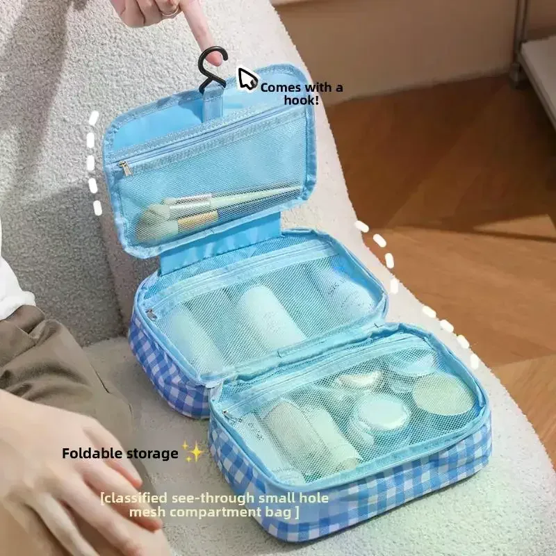 trousse de maquillage pliable de haute valeur esthétique avec crochet, sac de rangement de voyage de grande capacité, trousse de toilette portable pour voyage