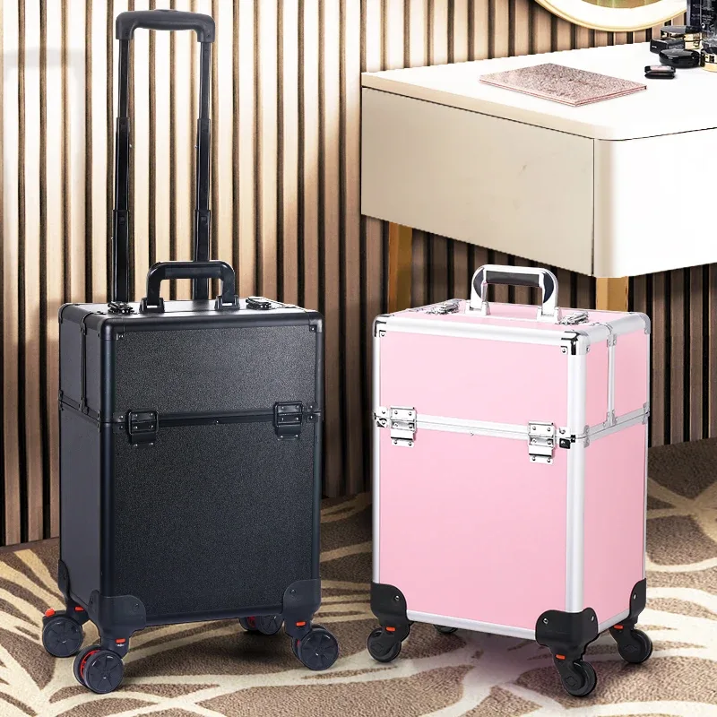 travelrolling – trousse de maquillage, chariot à cosmétiques de grande capacité, étui de voyage professionnel en aluminium avec clé