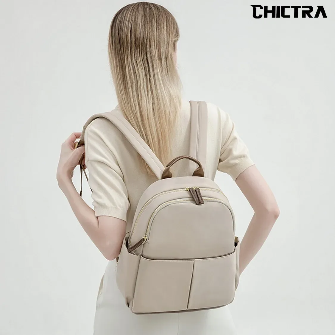 sac dos oxford universtitaire polyester beige bandoulière arquée fermeture éclair anti vol voyage femme journee ecole travail