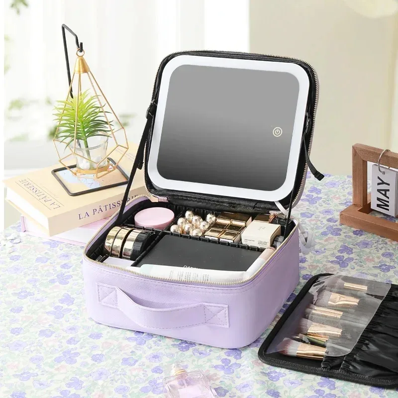 trousse de maquillage grande capacité avec miroir et lumière led, sac de retouche portable professionnel, style ins, couleur unie, autres matériaux