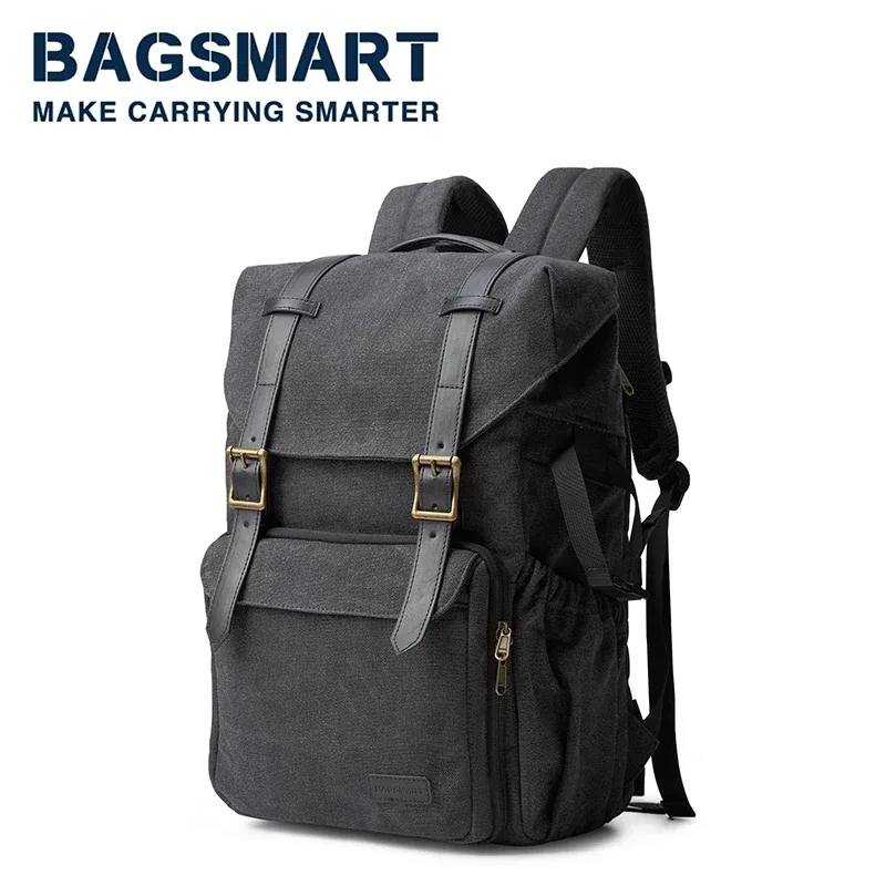 sac dos toile noire bandes grises boucles dorées poche limon cadre externe voyage photo ordinateur portable trépied