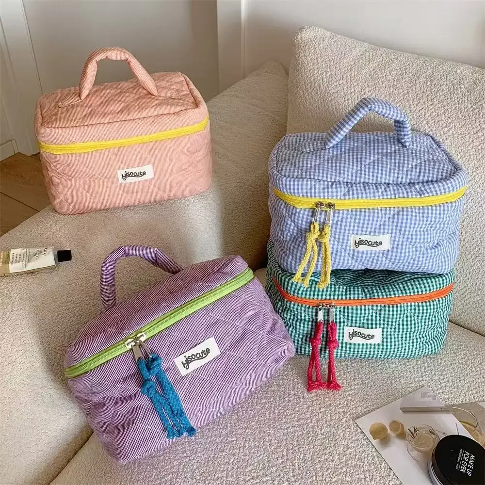organisateur voyage nylon fermeture éclair motifs géométriques couleurs pastel grande capacité sac rangement cosmétiques usage voyage