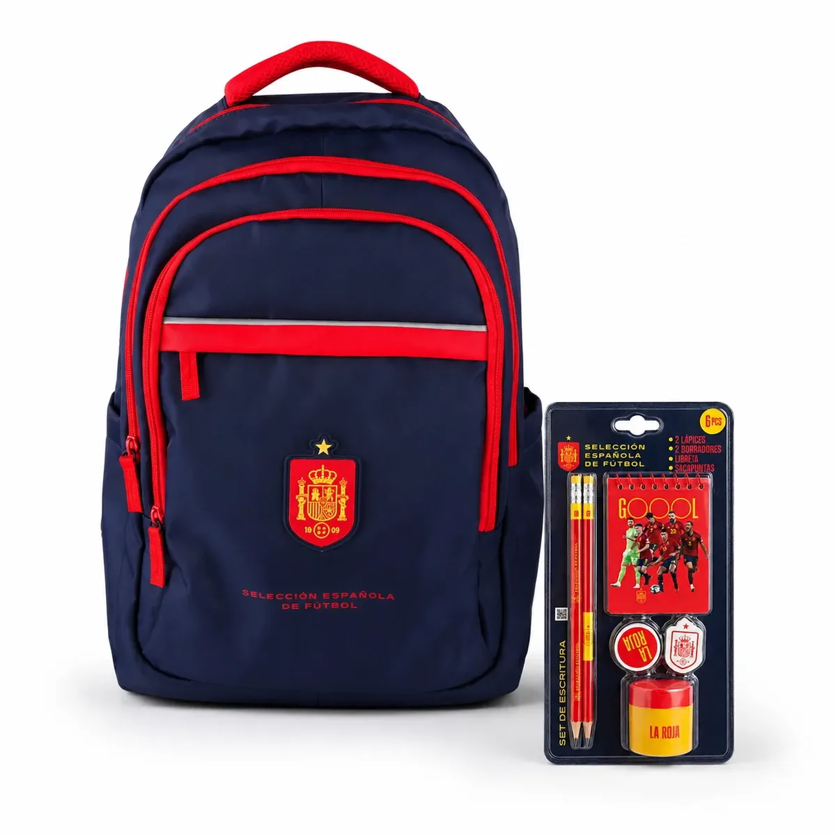 sac à dos scolaire la roja de l'équipe nationale de football espagnole "la roja", produit officiel sous licence. sac à dos de football de l'équipe nationale 43x30x18cm rouge et bleu marine avec compartiments.