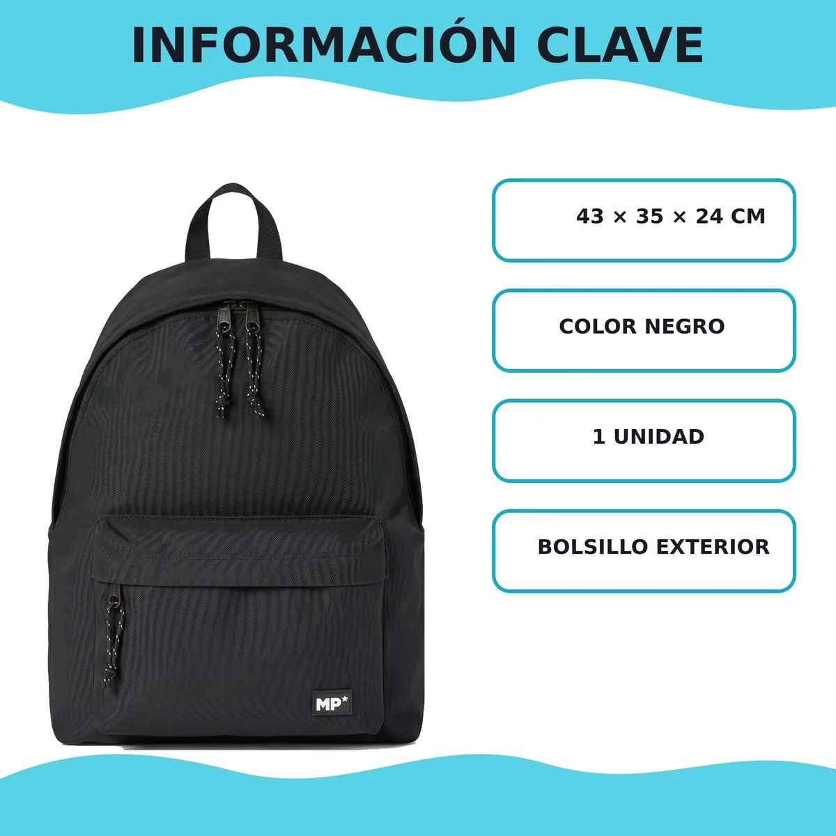 sac à dos scolaire décontracté noir mp 35x24x43cm | poignées et dos rembourrés, plusieurs compartiments et poche latérale | sac à dos basique durable pour l'école, l'université, les voyages et le bureau
