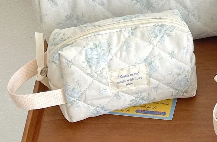 sac à cosmétiques vintage à fleurs pour femmes, pochette à carreaux mignonne, trousse de maquillage de voyage, petits sacs à main matelassés en coton à fleurs