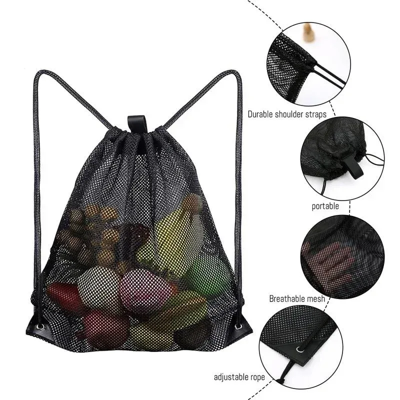 sacs en maille multifonctionnels portables à cordon de serrage, sac à dos en filet de rangement pour sport, basket-ball, 40x45cm, sac d'utilisation en plage en plein air