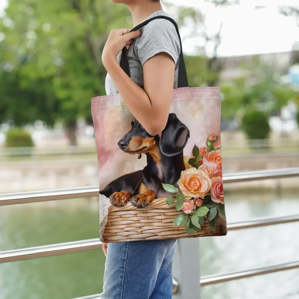 sac fourre-tout de grande capacité, motif floral avec visage de chien teckel mignon, sac d'épicerie rectangulaire spacieux pour femmes et hommes, 1 pièce