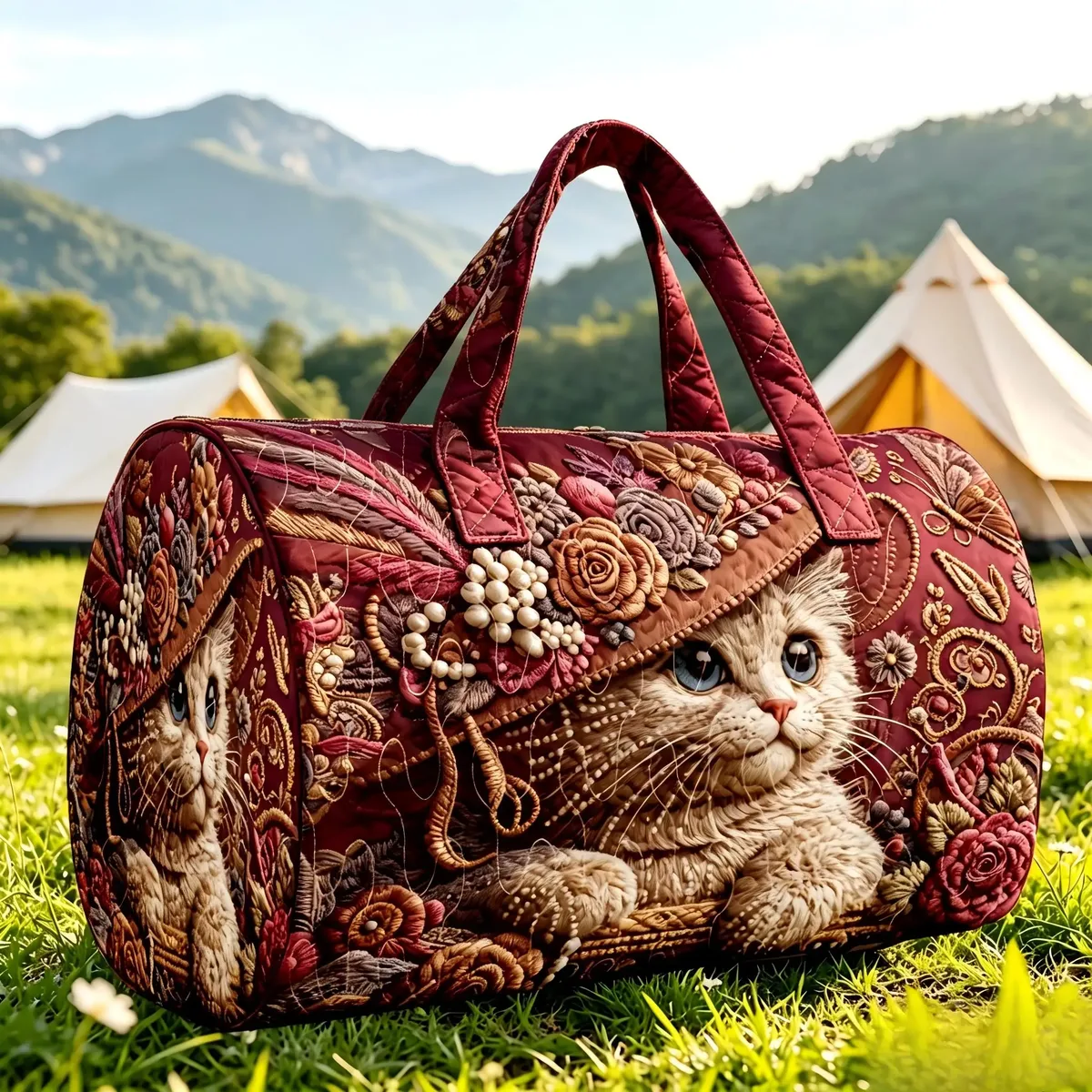 sac de voyage matelassé vintage imprimé chat, grande capacité, sac de week-end pour femme, sac à main vintage à motif floral et chat pour le camping et les voyages d'une nuit