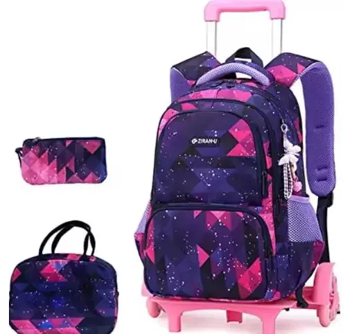 sac de chariot d'école, ensemble de sac à dos à roulettes pour filles, ensemble de sacs de chariot d'école primaire 3 pièces avec sac à déjeuner, sac à stylos pour garçon