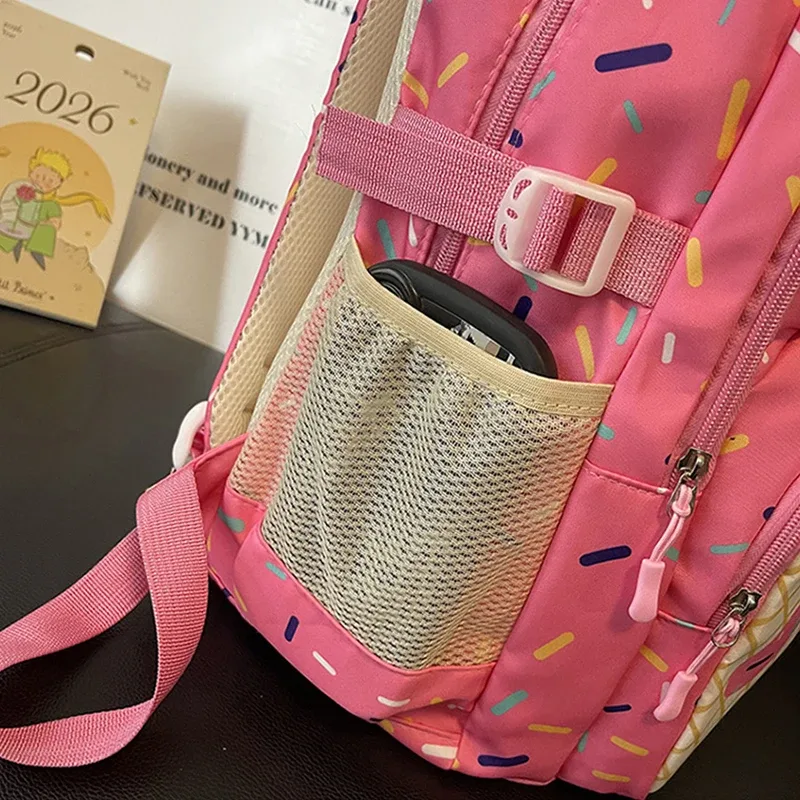 sac dos polyester motifs glace fond rose bleu violet conception uniforme poches lateral fermeture glissière imperméable poche integree femme voyage