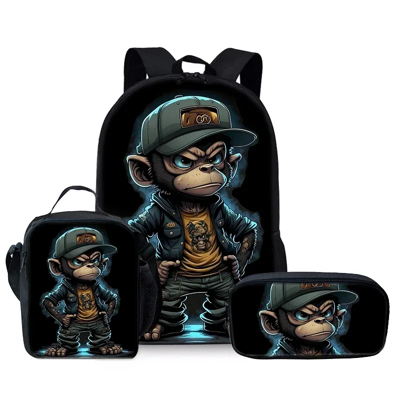 sac dos polyester noir motif singe stylisé bandoulière arquée couverture souple imperméable usage scolaire jeu décontracté