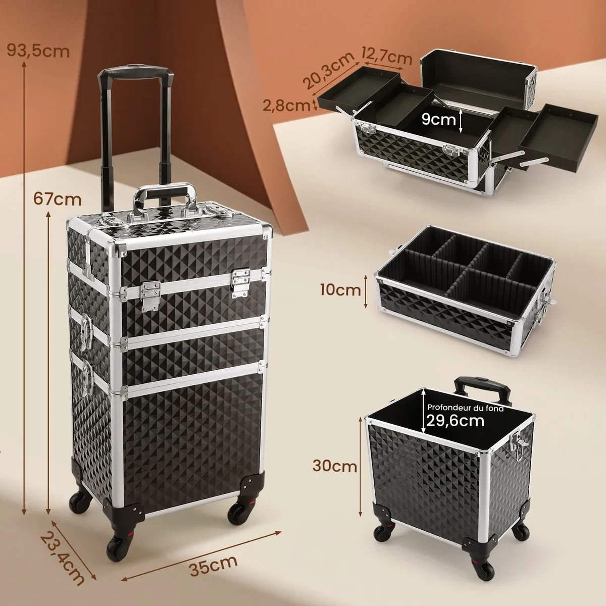 valise de rangement roulante à 4 plateaux avec poignée télescopique, valise de maquillage 3-en-1 à cadre en aluminium, mallette de maquillage sur roulettes, chariot de maquillage portable, valise de barbier, organisateur d'outils professionnels pour vernis à ongles, valise de rangement