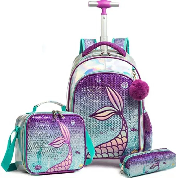 sac dos cuir verni bleu sequins multicolores visage licorne motif queue sirène accessoires peluche pompons boîte lunch sac crayons enfant voyage école
