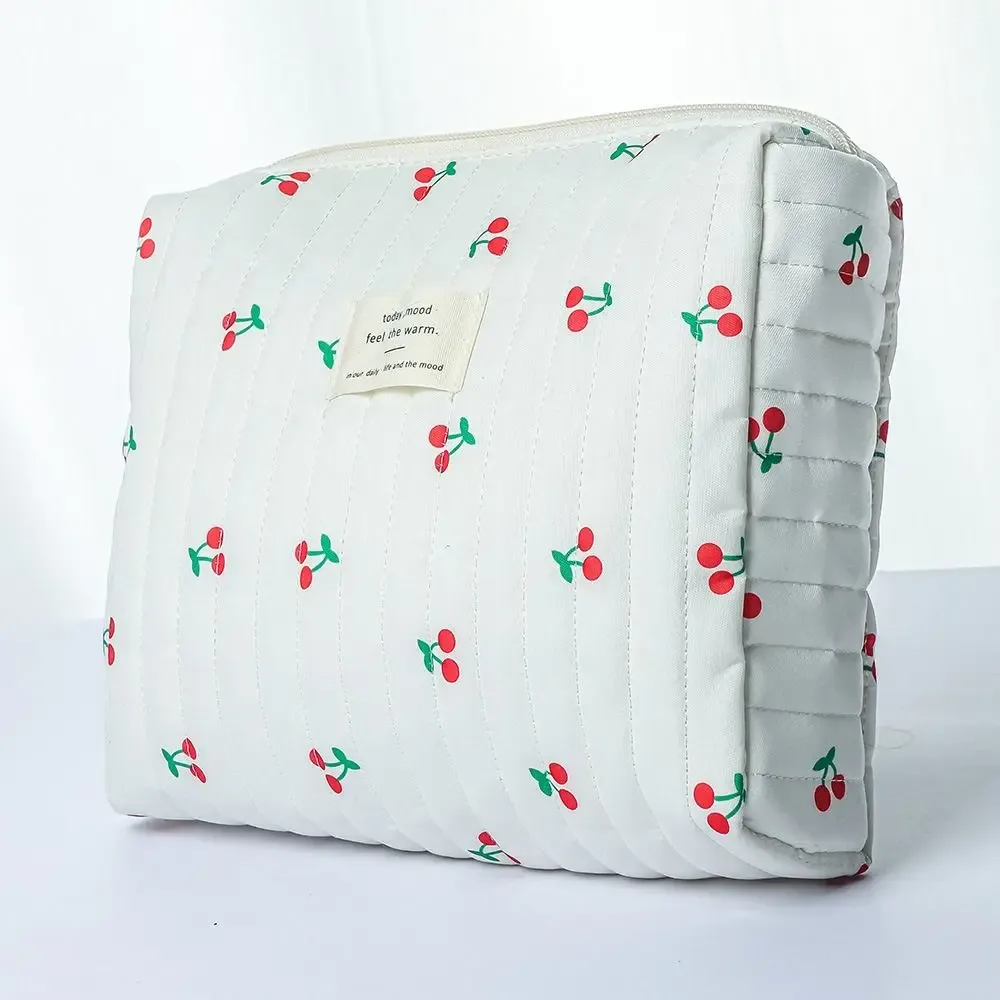 pochette à maquillage rétro à imprimé cerise, en coton matelassé, grande capacité, sac cosmétique mignon multifonctionnel, trousse de toilette, rangement pour maquillage
