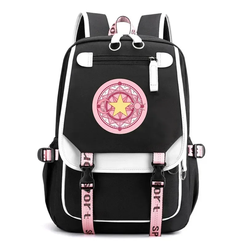 sac dos polyester noir bandes blanches roses poche devant dessin fille ailes étoile portable voyager