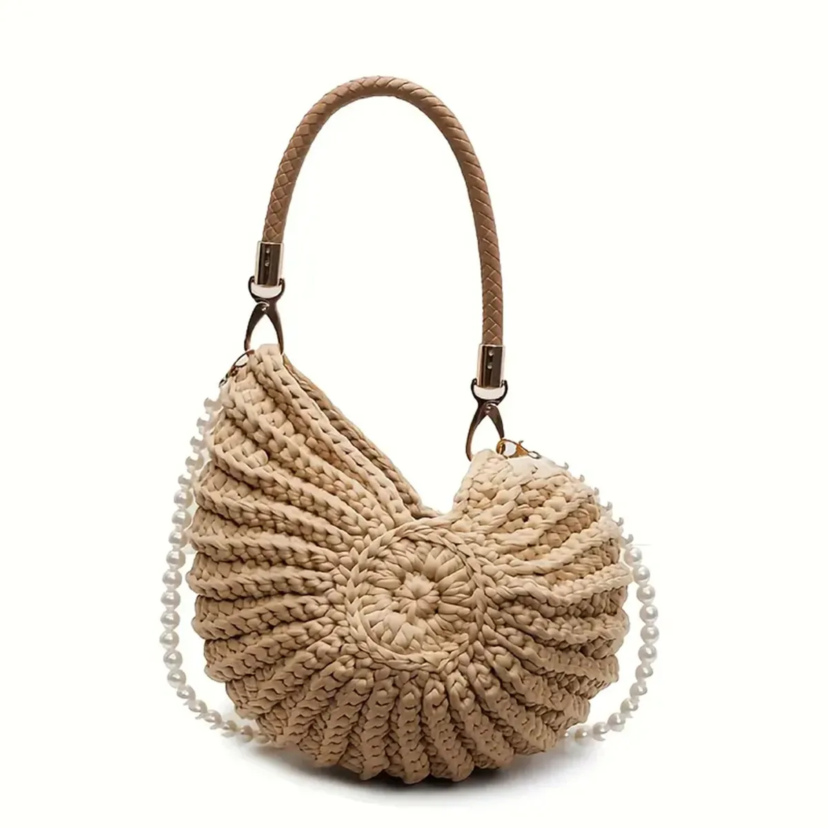 sac à main en coquillages tissé à la main avec chaîne de perles, grand sac de plage bohème pour femme, sac fourre-tout beige pour les vacances d'été, idéal pour