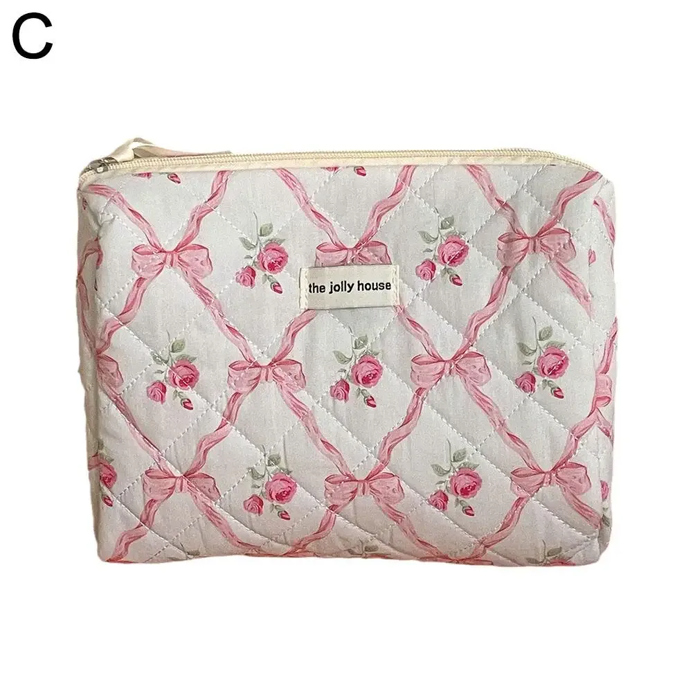 trousse de maquillage matelassurera pour femme, trousse de toilette portable pour filles, sac à main à glissière, mignon, nœud de fleur, évaluation cosmétique, grill féminin