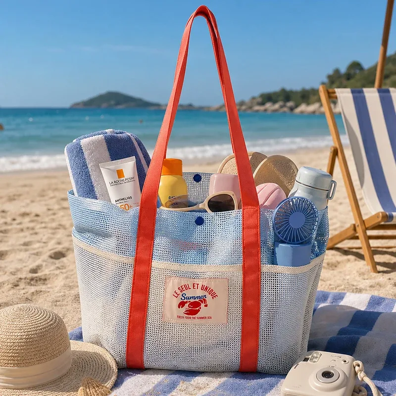 sac de plage grande capacité, résistant au sable, en maille, pour la plage, la piscine, les voyages, sac de rangement, design multi-poches, essentiel pour les vacances en famille