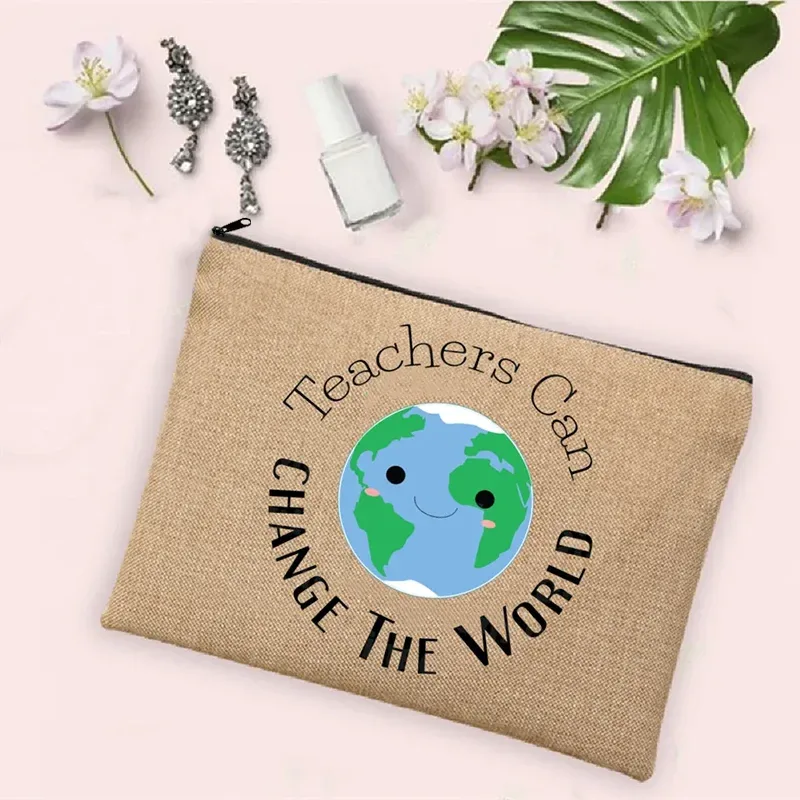 teacher change the world linen powder trousse de toilette de voyage pour femme, trousse de maquillage, cadeau de retour à l'école, sac à cosmétiques