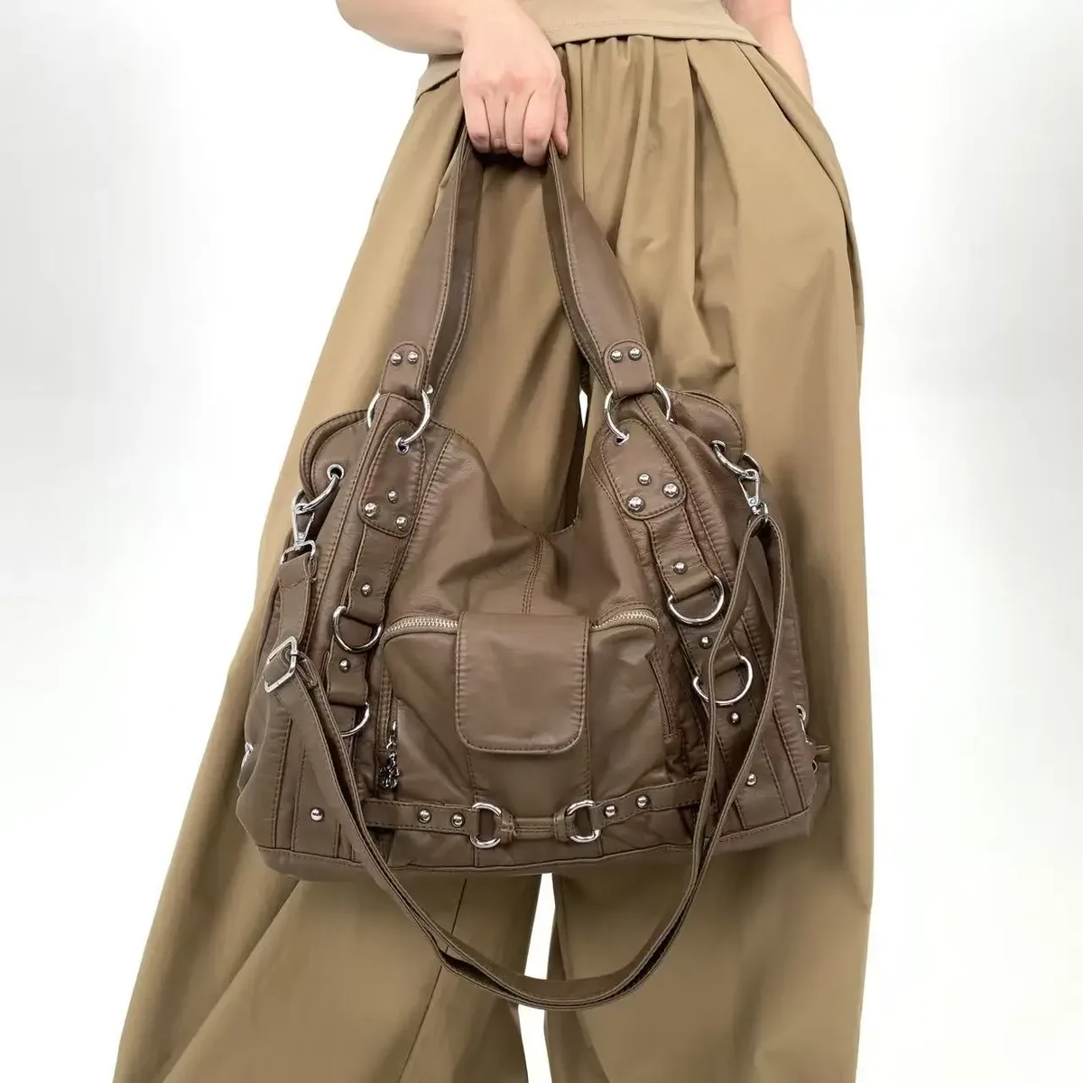 y2k fashion street – sac fourre-tout personnalisé pour femmes, grande capacité, rétro en détresse, sac à bandoulière en cuir végétalien pur