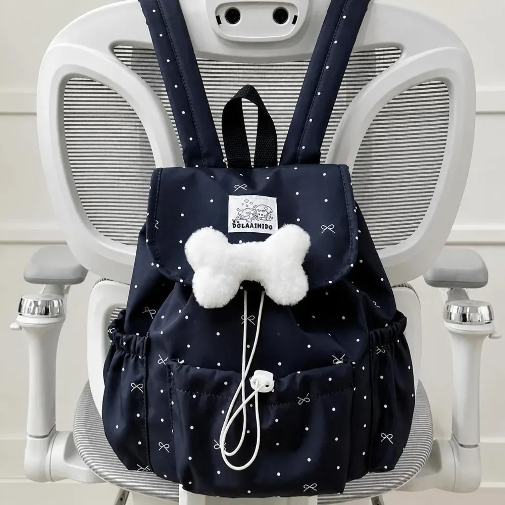 sac à dos à pois avec cordon de serrage et nœud, grande capacité, double bandoulière, en nylon ultra léger, idéal pour les trajets quotidiens, pour femmes.