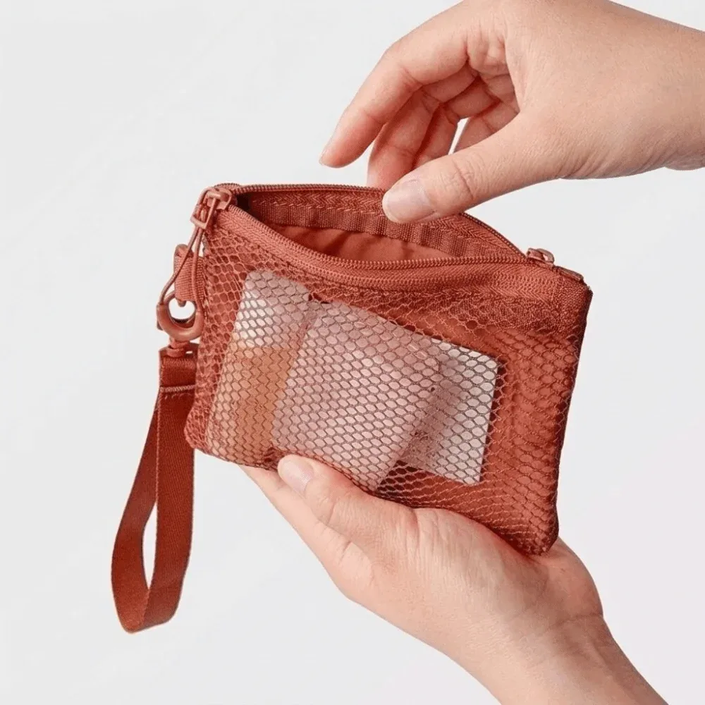 sac de rangement léger en maille, sac cosmétique en polyester de couleur unie avec fermeture éclair, porte-monnaie multifonctionnel, sac de rangement de voyage