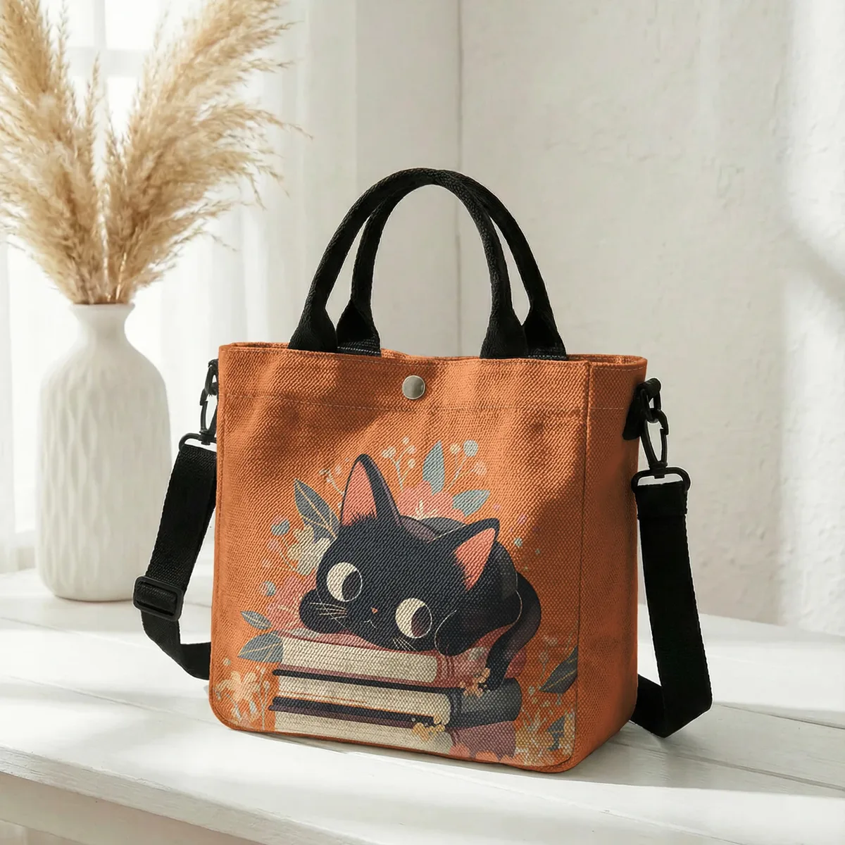 sac fourre-tout à imprimé floral avec chat noir mignon empilé sur des livres, sac à bandoulière détachable pour femme, idéal pour le shopping quotidien