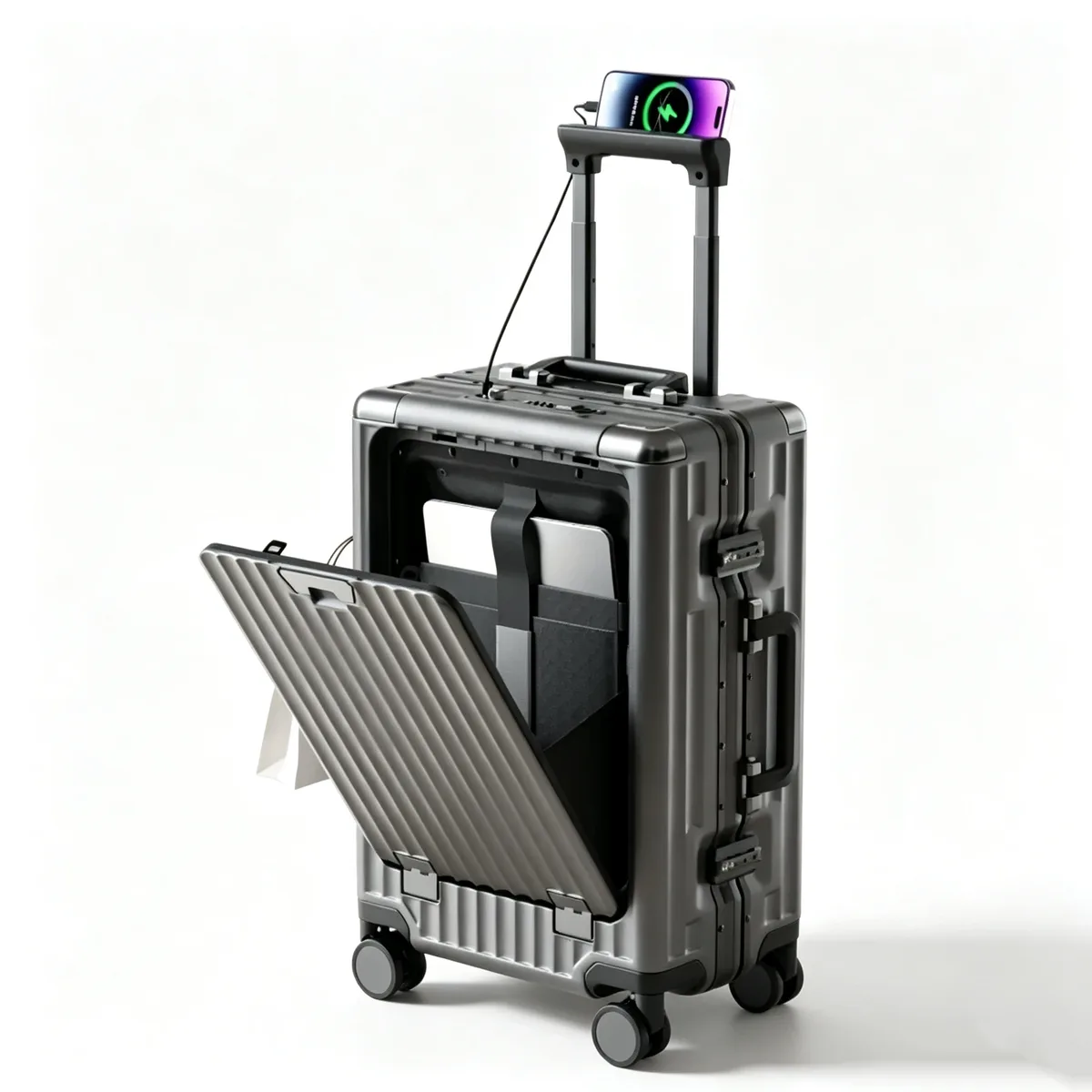 valise à ouverture frontale 20/24/26 pouces, coque rigide en pc, bagage à roulettes pour homme avec cadre en aluminium, serrure tsa, port de charge
