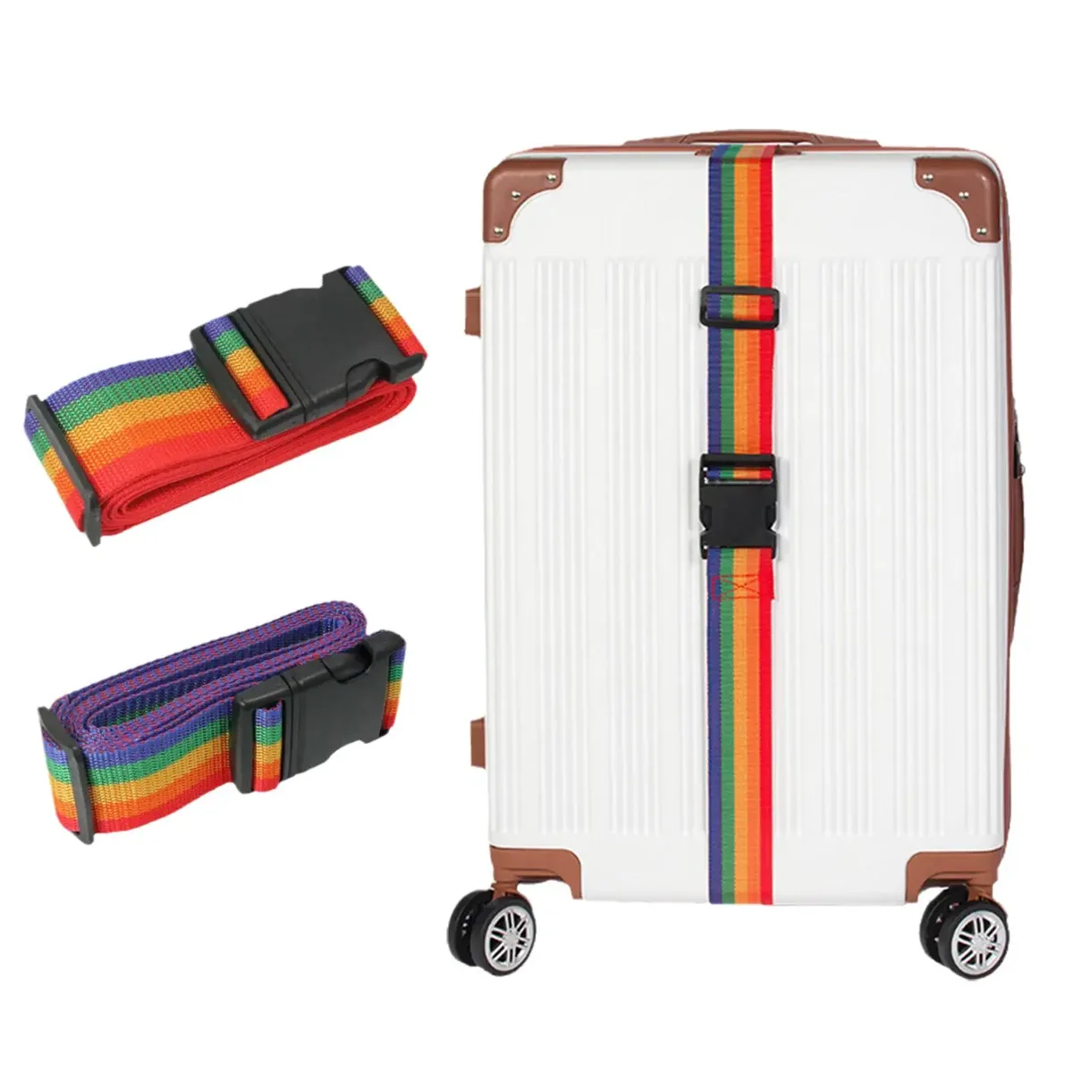 ceinture bagage polyester arc ciel bandes couleur rouge orange jaune vert bleu violet boucle noire transport voyage