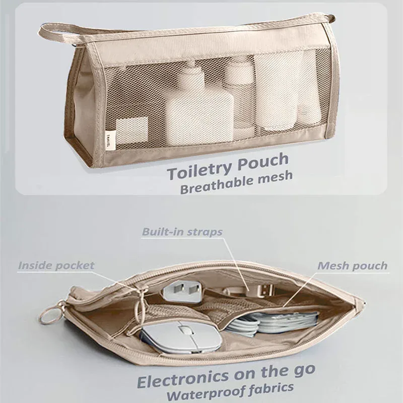 organisateur voyage polyester beige clair tissu imperméable poches maille transparente fermetures glissière poignées intégrées grande taille