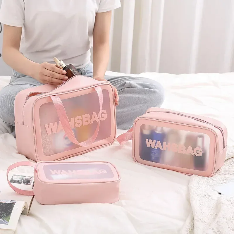 sac à cosmétiques transparent pour femmes, ensemble de 3 pièces, sac de toilette étanche, sac de bain en pvc de grande capacité, sac de rangement portable, essentiels de voyage