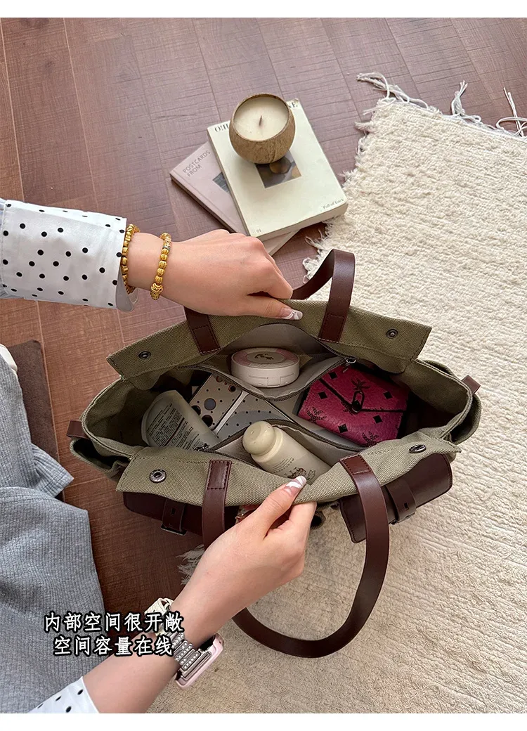 grand sac fourre-tout décontracté en toile pour femme, sac à bandoulière grande capacité, sac à main vert armée adapté à tous les adultes, idéal pour les trajets quotidiens