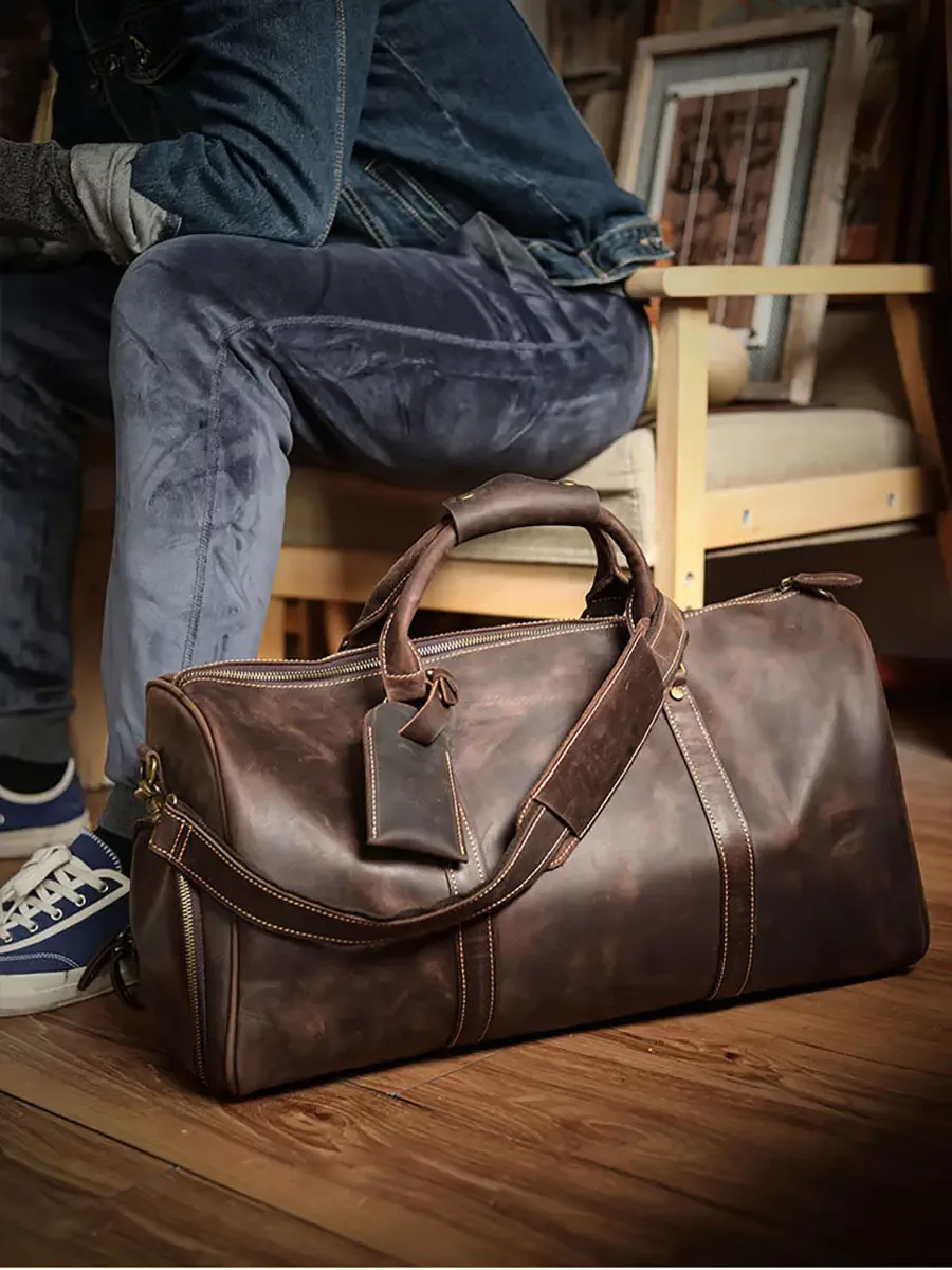 sac de voyage pour hommes en cuir de vache crazy horse, fait à la main, sac de sport pour le week-end, sac à main de grande capacité en cuir véritable