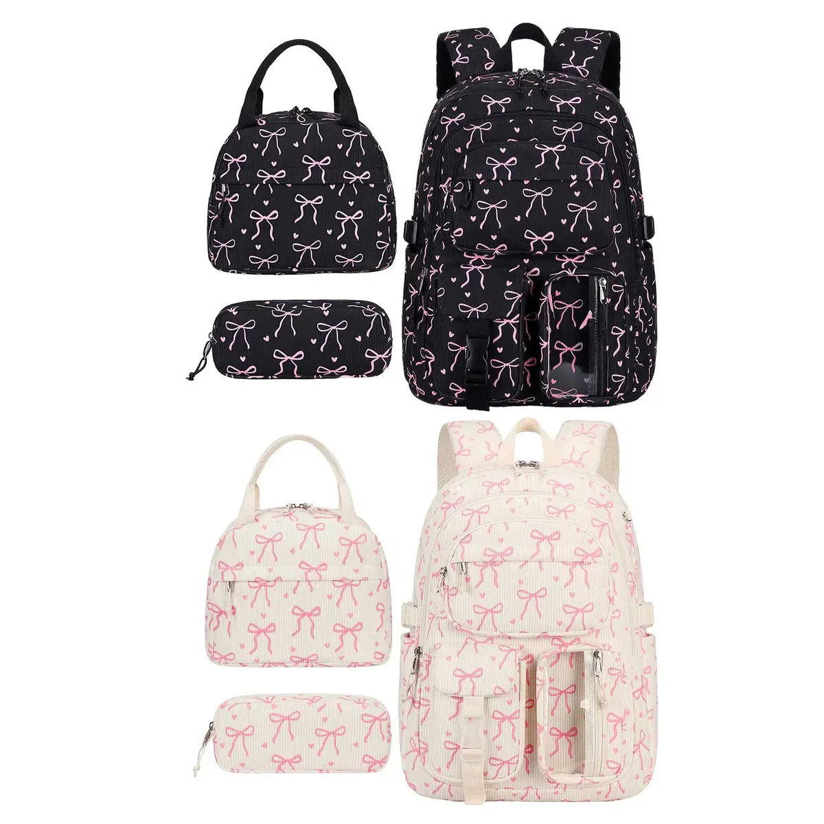sac à dos en velours côtelé avec nœud mignon pour femme, sac à dos multi-poches avec sac à lunch et trousse à crayons, grande capacité, sac à dos de voyage décontracté